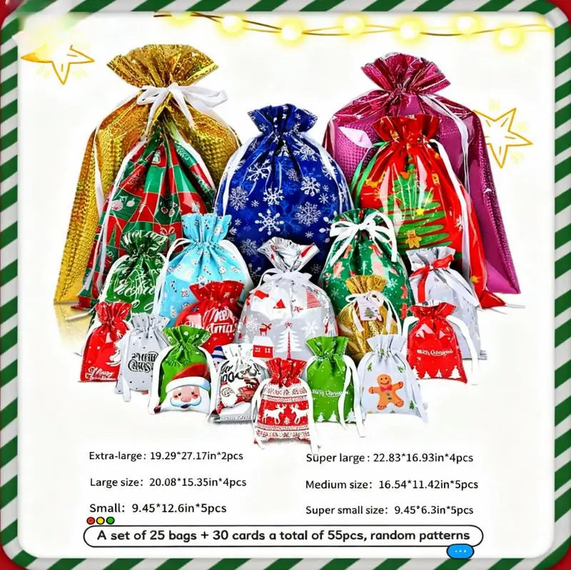 50PCS Christmas Gift Wrapping Set (25 Colorful Bags + 25 Tags) – Random Patterns, Say Goodbye to Single-Style Gift Bags, Perfect